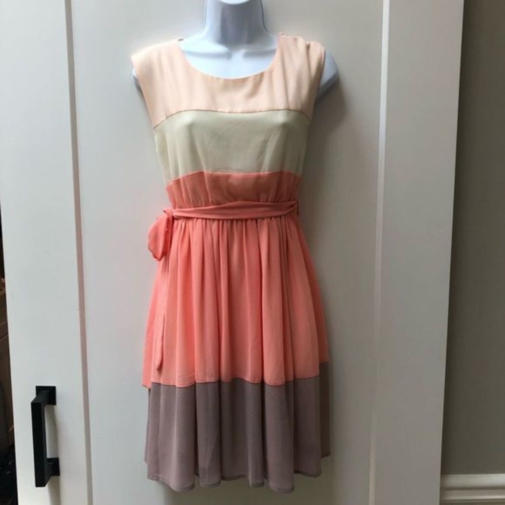 Ya Los Angeles peach and gray striped silk dress tie belt woman’s size S